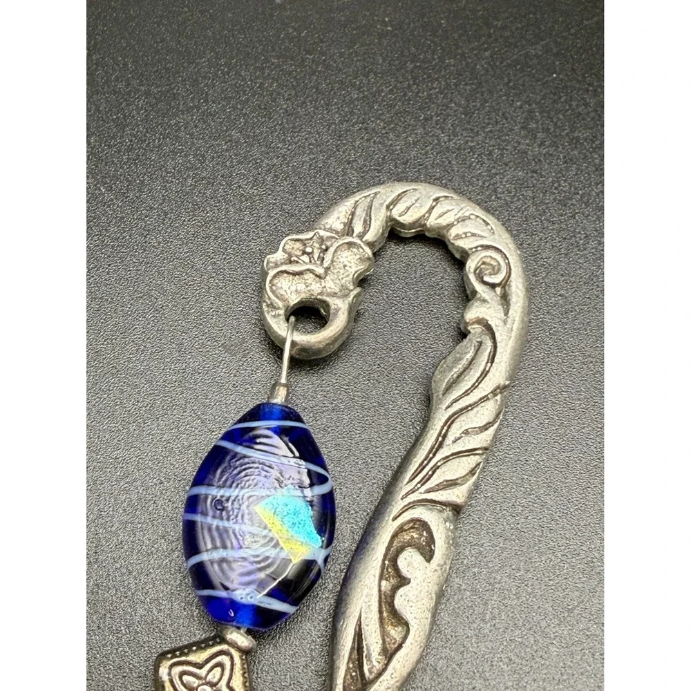 Silver Tone Celtic Scroll Shepherd Hook Bookmark Blue Glass Bead Inspire Charm
